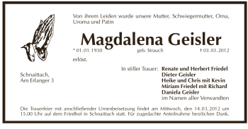 Traueranzeige von Magdalena Geisler von Pegnitz-Zeitung